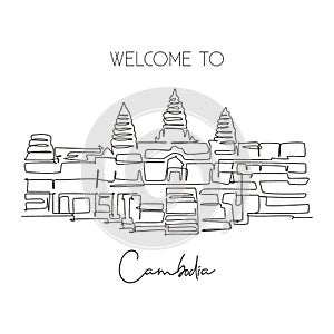 One continuous line drawing Angkor Wat Temples landmark. Iconic place in Siem Reap, Cambodia. Holiday vacation wall decor home art