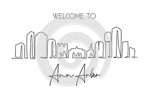 One continuous line drawing of Ann Arbor city skyline, Michigan. Beautiful landmark. World landscape tourism travel home wall