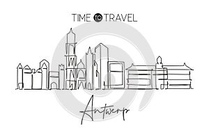 One continuous line drawing of Antwerp city skyline, Belgium. Beautiful skyscraper. World landscape tourism travel vacation wall