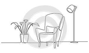 One continuous Line drawing of armchair and lamp and plant. Modern flat furniture for living room interior in simple
