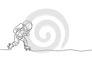 One continuous line drawing of astronaut using roller skates on moon surface, deep space galaxy. Spaceman healthy fitness sport