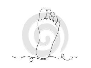 One continuous line drawing of bare foot. Elegance female leg in simple linear style. Concept of healthy massage and