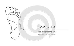 One continuous line drawing of bare foot. Gentle female leg in simple linear style. Concept of Wellness healthy massage