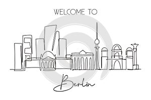 One continuous line drawing Berlin city skyline. Beautiful city skyscraper landscape. World home decor wall art poster art tourism