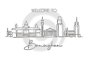 One continuous line drawing of Birmingham city skyline. Beautiful city skyscraper. World landscape tourism travel vacation home