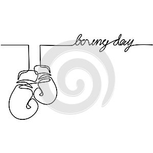 One continuous line drawing of boxing glove. Fitness stuff vector single one line isolated on white background. Hand-draw design
