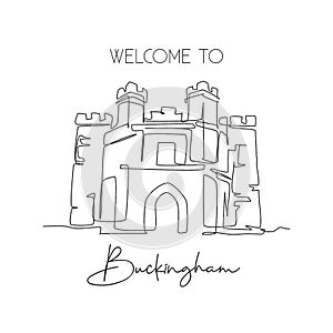 One continuous line drawing Buckingham Old Gaol landmark. Old palace in Buckingham, England. Holiday vacation home wall decor