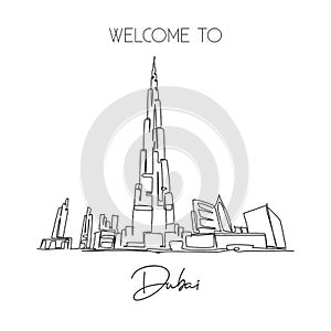 One continuous line drawing Burj Khalifa Tower landmark. World iconic place in Dubai, UAE. Holiday vacation home wall decor art