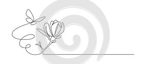 One continuous line drawing of butterfly with flower. Thin curl border and flying wing symbol in simple linear style