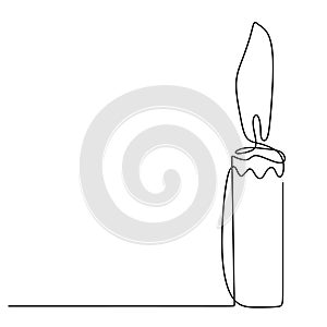 One continuous line drawing of candle lighted. Burning fire and melting candle isolated on white background. Light in the dark