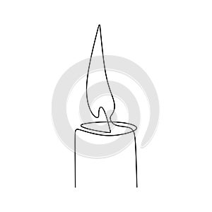 One continuous line drawing of candle lighted. Burning fire and melting candle isolated on white background. Light in the dark