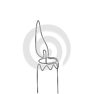 One continuous line drawing of candle lighted. Burning fire and melting candle isolated on white background. Light in the dark