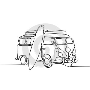 one continuous line drawing of a car with a surfboard on the beach