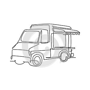 One continuous line drawing cheerful food truck for festival logo emblem. Vintage van fast food mobile cafe shop logotype template