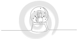 One continuous line drawing of Christmas crystal snow globe with snowman. Magic glass ball for winter xmas holiday