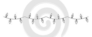 One continuous line drawing of Christmas garland with light bulbs. Festive festoon xmas string and divider border in