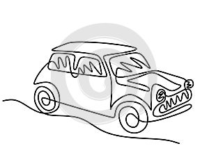 One continuous line drawing of classical BWM Mini Cooper Sport car. Vintage racing car driving on dusty road. Classic