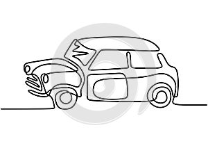 One continuous line drawing of classical BWM Mini Cooper Sport car. Vintage racing car driving on dusty road. Classic photo