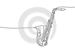 One continuous line drawing of classical saxophone. Wind music instruments concept. Modern single line graphic draw design vector