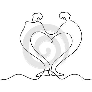 One continuous line drawing of couple doing yoga pose. A man and woman stand back to back and stretch by holding each other`s