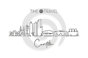 One continuous line drawing Curitiba city skyline, Brazil. Beautiful landmark postcard. World landscape tourism and travel photo