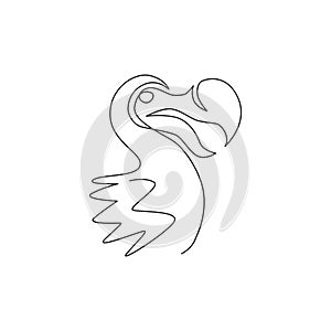 One continuous line drawing of cute adorable dodo bird head for logo identity. Extinct animal mascot concept for museum zoo icon.