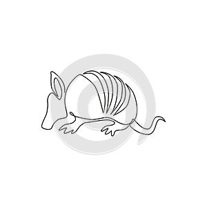 One continuous line drawing of cute armadillo for company logo identity. Xenarthra mammal mascot concept for national zoo icon.