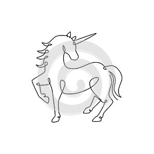 One continuous line drawing of cute beauty unicorn for company logo identity. Kids fantasy dream concept about mammal animal