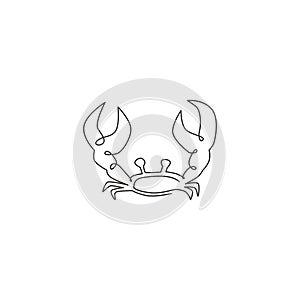 One continuous line drawing of cute crab with big claw for seafood logo identity. Adorable sea animal concept for restaurant icon