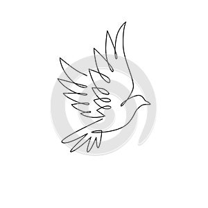 One continuous line drawing of cute flying dove bird for logo identity. Peace and freedom symbol mascot concept for national labor