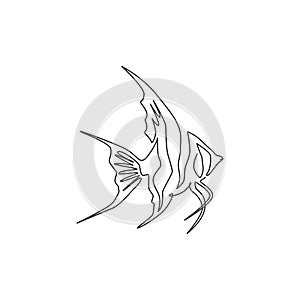 One continuous line drawing of cute freshwater angelfish for company logo identity. Beauty pterophyllum fish mascot concept for