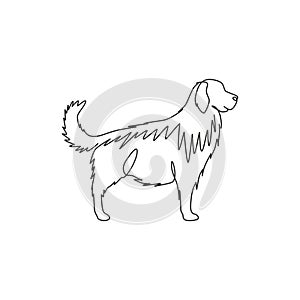 One continuous line drawing of cute golden retriever dog for company logo identity. Purebred dog mascot concept for pedigree