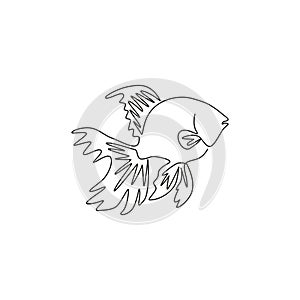 One continuous line drawing of cute goldfish for company logo identity. Freshwater fish mascot concept for aquarium tank icon.