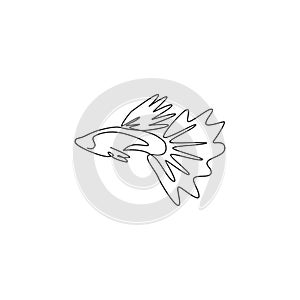 One continuous line drawing of cute guppy fish for logo identity. Millionfish pet mascot concept for aquatic icon. Modern single