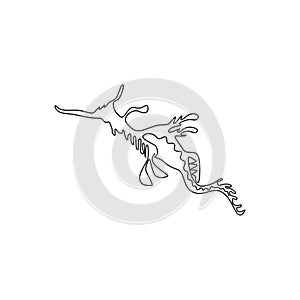 One continuous line drawing of cute leafy seadragon for aquatic logo identity. Camouflage animal mascot concept for sea world show photo