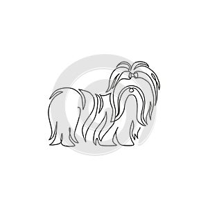 One continuous line drawing of cute shih tzu dog for pet salon logo identity. Purebred dog mascot concept for pedigree friendly