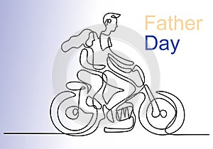 One continuous line drawing of a daddy with his daughter on motorcycle. Happy dad riding motorbike with little girl at the street