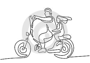 One continuous line drawing of a daddy with his daughter on motorcycle. Happy dad riding motorbike with little girl at the street