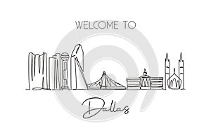 One continuous line drawing of Dallas city skyline, United States of America. Beautiful landmark. World landscape travel vacation