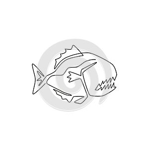 One continuous line drawing of dangerous piranha for logo identity. Monster fish mascot concept for dangerous river sign icon.