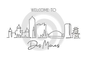 One continuous line drawing of Des Moines city skyline, Iowa. Beautiful landmark. World landscape tourism travel wall decor poster