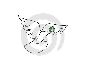 One continuous line drawing of dove of peace flying with green olive branch. Bird symbol of peace and freedom in simple