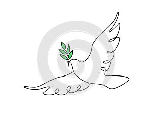 One continuous line drawing of dove of peace flying with green olive twig. Bird and branch symbol of peace and freedom