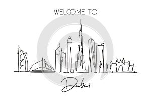 One continuous line drawing of Dubai city skyline United Arab Emirates. Beautiful city landmark. World landscape tourism and