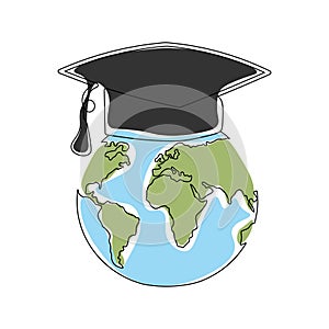 One continuous line drawing of Earth globe with graduation hat.World map doodle line drawing. Hand drawn graphic concept for