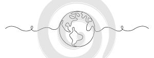 One continuous line drawing of Earth globe. World map in simple linear style. Travel and flight concept in editable