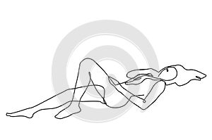 One continuous line drawing of Elegant silhouette of nude slender girl. Stylized image of woman.