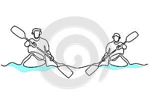 One continuous line drawing of energetic athlete guy boat race on the river. A rowers group enjoy in long boats compete isolated