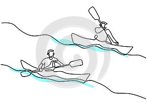 One continuous line drawing of energetic athlete guy boat race on the river. A rowers group enjoy in long boats compete isolated