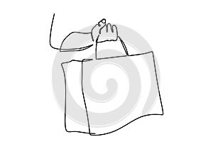 One continuous line drawing female hand holding shopping bags isolated on white background. Shopping in mall and eco friendly